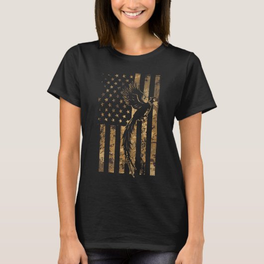 キジ鳥狩猟アメリカ国旗カモフラージュフェア Tシャツ (正面)