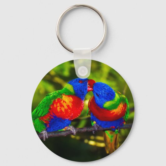 キスするカラフルなインコのカップル キーホルダー (正面)