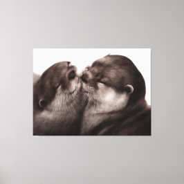 キスするカワウソ - 手描きの野生動物アート キャンバスプリント