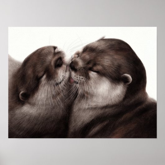 キスするカワウソ - 手描きの野生動物アート ポスター (正面)