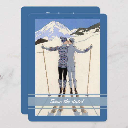 キスするスキーヤー - 冬の特別な日程発表 セーブザデート (正面/裏面)