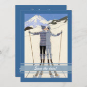 キスするスキーヤー - 冬の記念日発表 招待状 (正面/裏面)