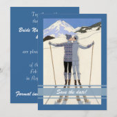 キスするスキーヤー - 冬の「Save the Date」発表 招待状 (正面/裏面)