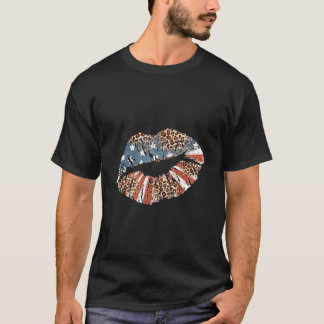 キスする唇 スムーチ パッカー 愛国心 7月4日 ヒョウ柄 Tシャツ
