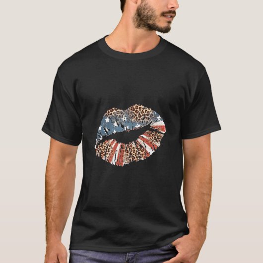 キスする唇 スムーチ パッカー 愛国心 7月4日 ヒョウ柄 Tシャツ (正面)