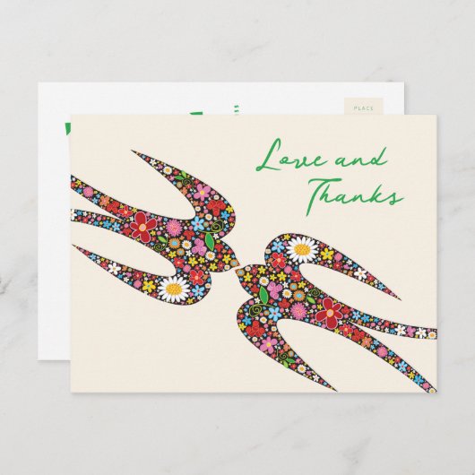 キスする くちばしが 春の花を 歓迎する 結婚式 ありがとう ポストカード (正面/裏面)