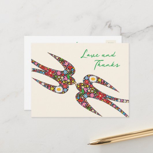 キスする くちばしが 春の花を 歓迎する 結婚式 ありがとう ポストカード (正面/裏面インサイチュ)