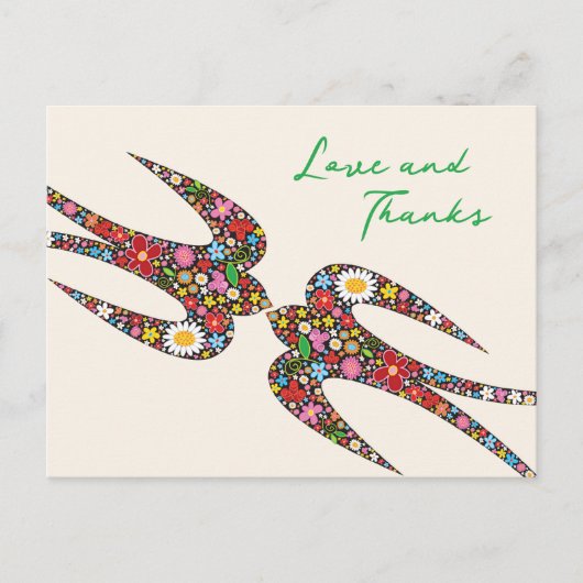 キスする くちばしが 春の花を 歓迎する 結婚式 ありがとう ポストカード (正面)