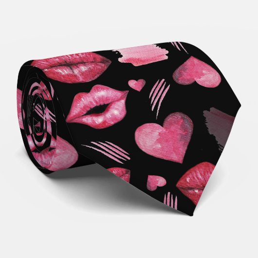 キスとハートの水彩画パターン ネクタイ (ロール)