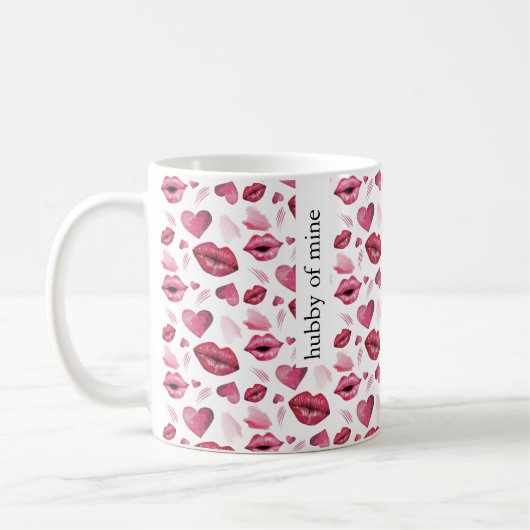 キスとハートパターンの水色 コーヒーマグカップ (左)