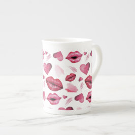 キスとハートパターンの水色 ボーンチャイナマグカップ