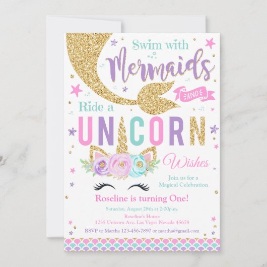 キスとユニコーン希望ユニコーンマーメイド誕生日 招待状 (正面)