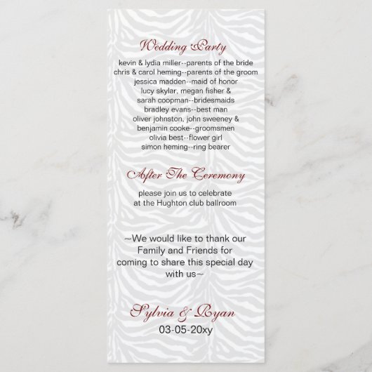 キスと口ひげゼブラストライプウェディングプログラム プログラム (裏面)