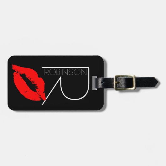キスの唇の黒の赤い口紅のロビンソンDIYのモノグラム ラゲッジタグ (正面横)