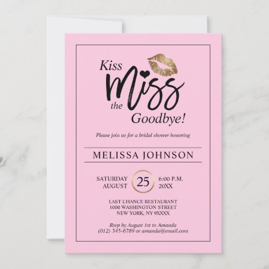 キスの失敗のさようなら金ゴールドの唇のピンクのブライダルシャワー 招待状 (正面)