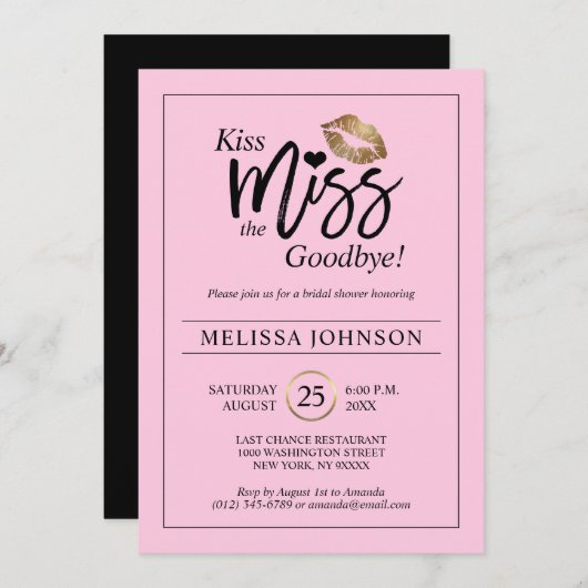 キスの失敗のさようなら金ゴールドの唇のピンクのブライダルシャワー 招待状 (正面/裏面)