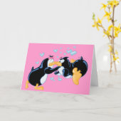 キスをするなペンギンの挨拶状 カード (黄色い花)