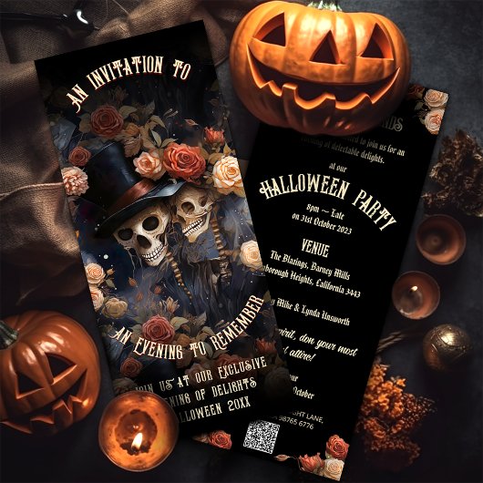 キスをするスケルトンゴシックヴィンテージQRコードハロウィン 招待状