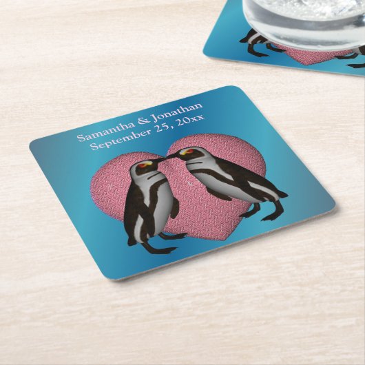 キスをする結婚ペンギンパーソナライズされたズ スクエアペーパーコースター (アングル)
