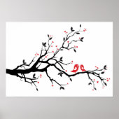 キスをする赤いハート付き木の枝の上の葉鳥 ポスター (正面)