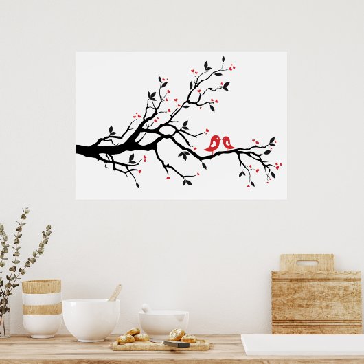 キスをする赤いハート付き木の枝の上の葉鳥 ポスター (キッチン)