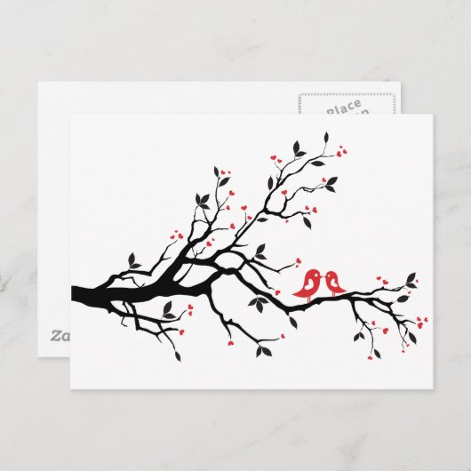 キスをする赤いハート付き木の枝の上の葉鳥 ポストカード (正面/裏面)
