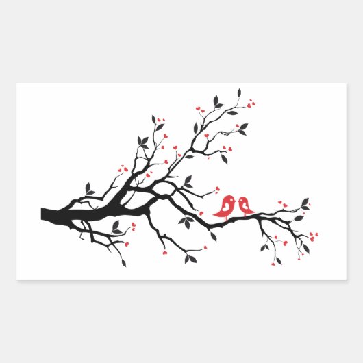 キスをする赤いハート付き木の枝の上の葉鳥 長方形シール (正面)