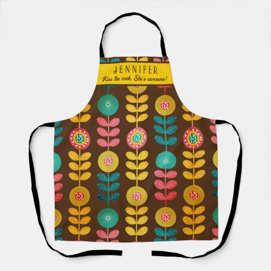 キスザ調理師レトロフローラルパタパーソナライズされたーン エプロン (正面)