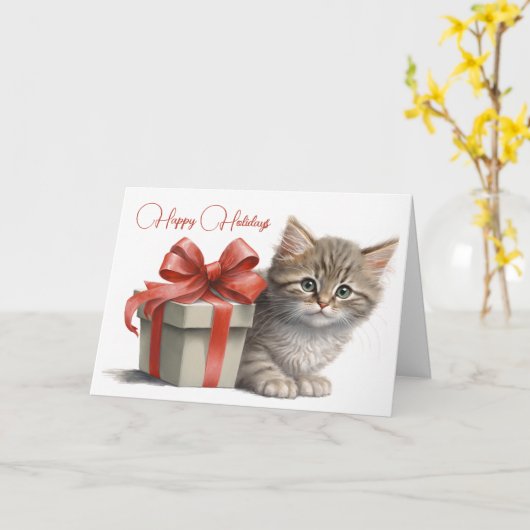 キストマス子猫とギフトボックス カード (黄色い花)