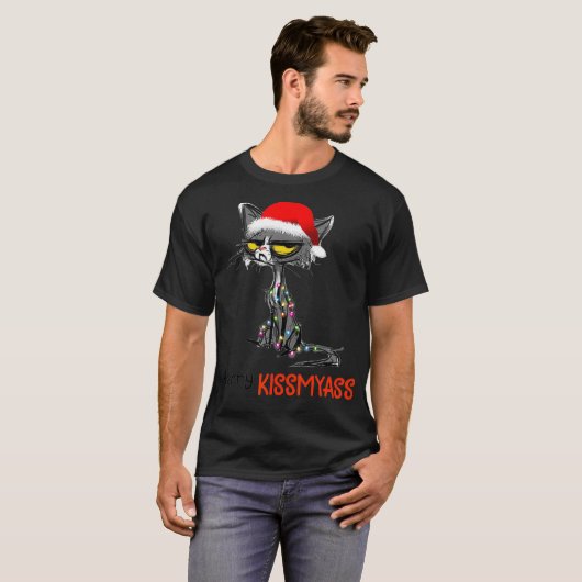 キスメリースおもしろいクリスマス黒猫 Tシャツ (正面フル)