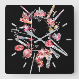 キスリップブラックピンクローズ金ゴールドメイクアップ美しい スクエア壁時計