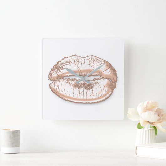 キスリップホワイトピンクローズ金ゴールドメイクアップ スクエア壁時計 (ホーム)