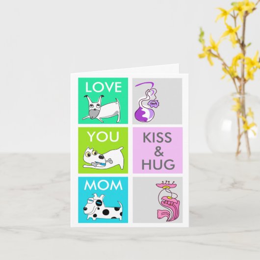 キス及び抱擁犬の幸せな母の日カード カード (黄色い花)