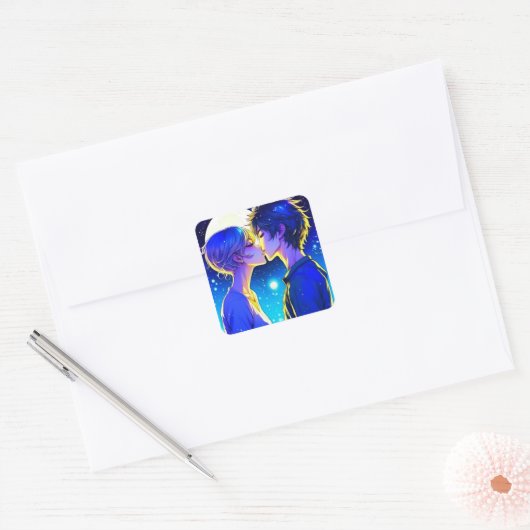 キス満月アニメカップルの下 スクエアシール (封筒)