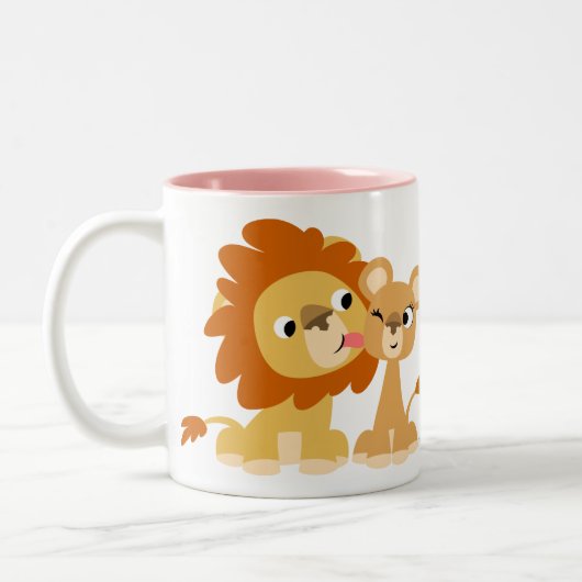 キス: かわいい漫画のライオンのカップルのマグ ツートーンマグカップ (左)