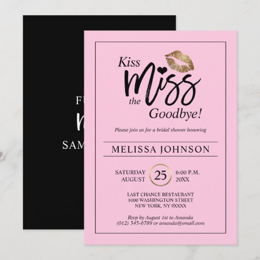 キス・ザ・ミス・グッバイ・ゴールド・リップス・ピンク・ブライダルシャワー 招待状 (正面/裏面)