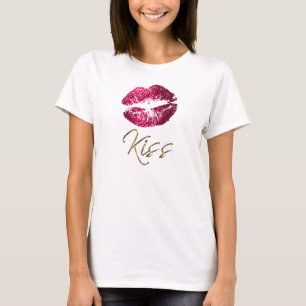 キス-ショッキングピンクのグリッターの唇 Tシャツ