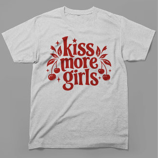 キス・モア・ガールズ レトロ チェリー タイポグラフィ Tシャツ