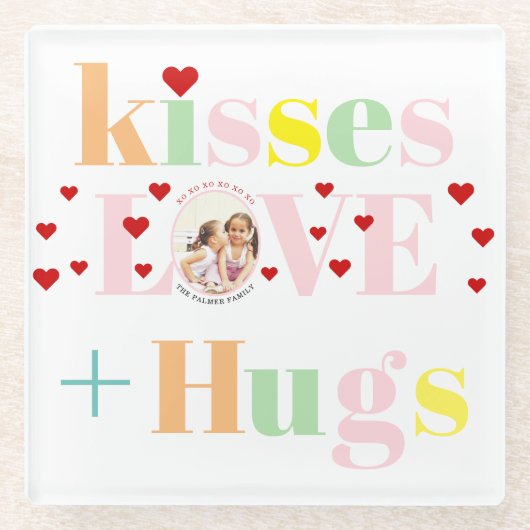 キス，愛，ハグタイポグラフィ写真バレンタインデー ガラスコースター (正面)