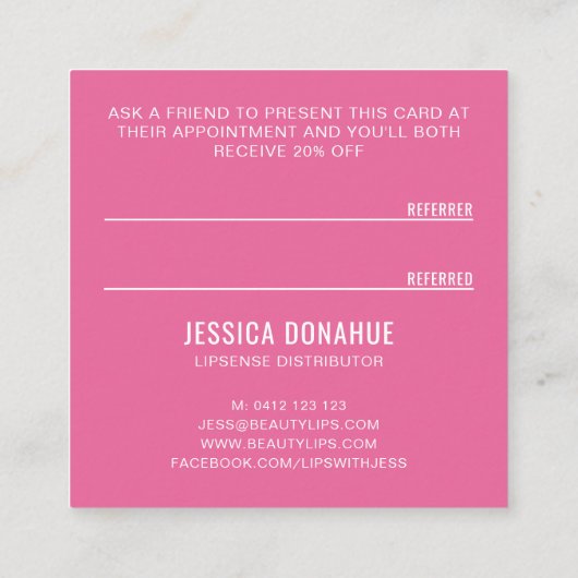 キスXOXOピンク参照カード上のピンク スクエア名刺 (裏面)