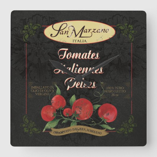 キッイタリアンチン時計、レトロトマトのラベル スクエア壁時計 (正面)