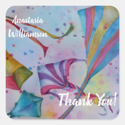 キッカラフルト飛んでいるありがとう スクエアシール (正面)