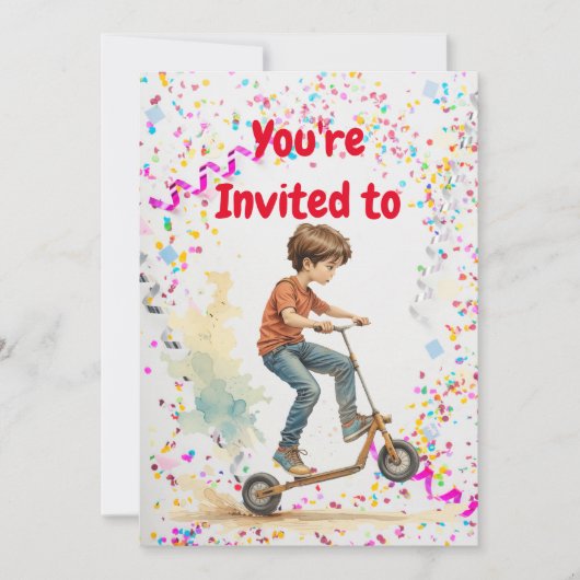 キックスクーターをテーマにした誕生日パーティーの招待状 招待状 (正面)