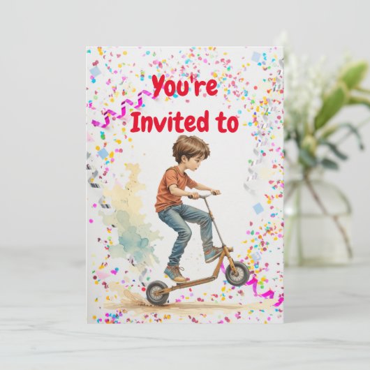 キックスクーターをテーマにした誕生日パーティーの招待状 招待状 (スタンド正面)
