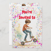 キックスクーターをテーマにした誕生日パーティーの招待状 招待状 (正面/裏面)