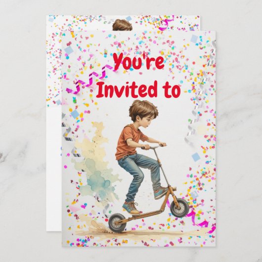キックスクーターをテーマにした誕生日パーティーの招待状 招待状 (正面/裏面)