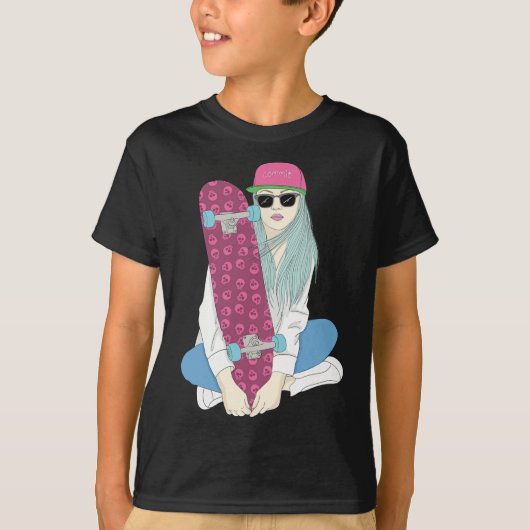 キックフリップをする女の子 スケートボード Tシャツ (正面)