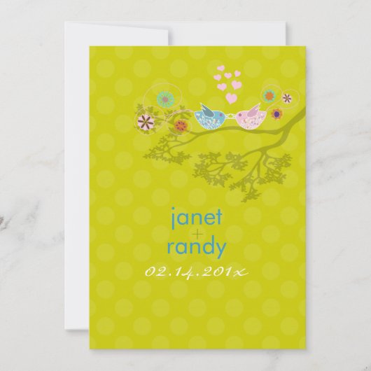 キッシングラブバードの浮遊するハート/ポルカドット 招待状 (正面)