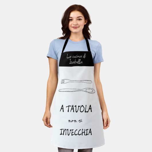 キッスタイリッシュチイタリアンスプーンフォーク引用文 エプロン (着用した状態)
