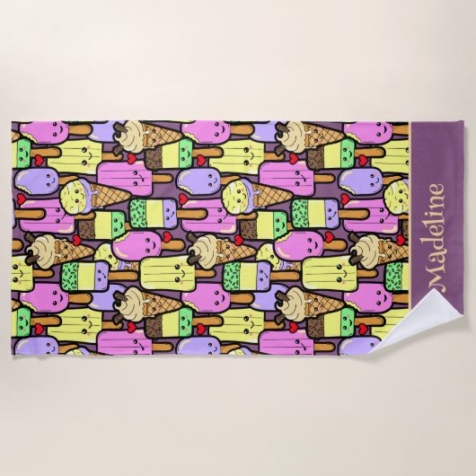 キッズおもしろいかわいいフードマンガキャラクター ビーチタオル (正面)